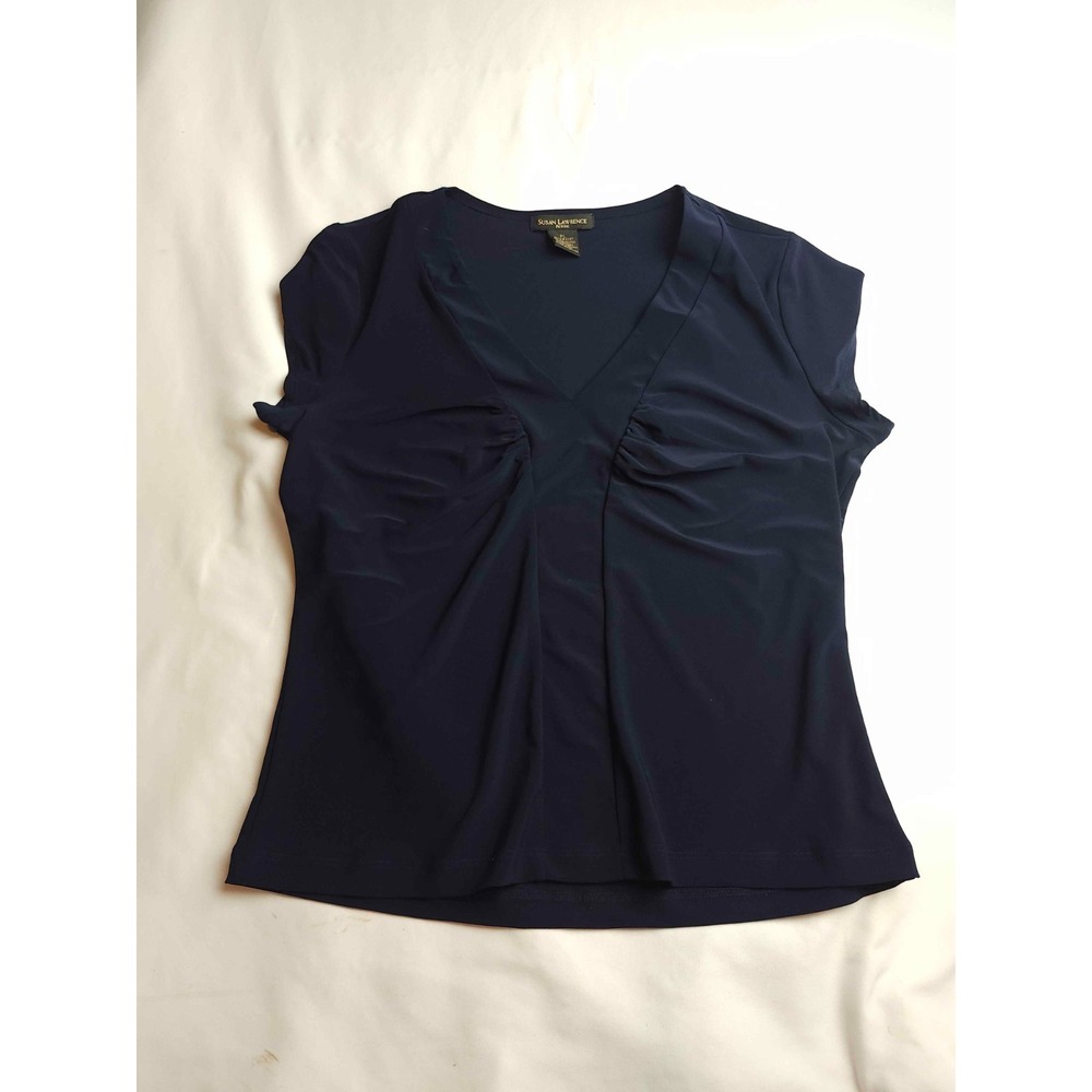 Susan Lawrence Blouse Womens Size PL Navy Blue V-Neck Ruched Sleeveless Career